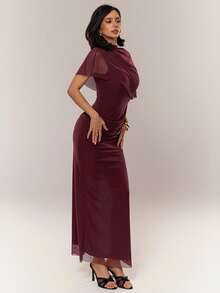 Aloruh Vestido de cóctel de mujer con cuello de chal marrón ajustado 2 en 1 - Café integral - Ver 5