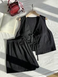 Comfortcana 大码女式系带背心和短裤休闲两件套 - 黑色 - 查看 4