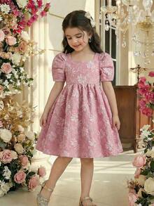 小女孩可爱优雅公主裙，粉色提花泡泡袖派对礼服，甜美迷你正式礼服