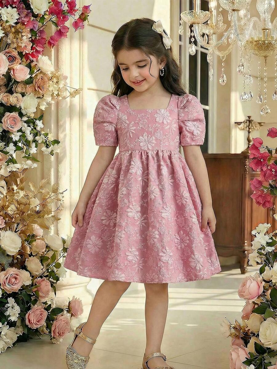 小女孩可爱优雅公主裙，粉色提花泡泡袖派对礼服，甜美迷你正式礼服