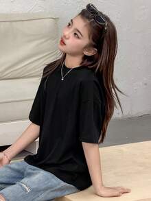 DAZY Tween Girl Plain Round Neck Backless Split Casual Short Sleeve T-Shirt - Black - View 5