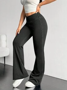 SHEIN Unity 大码女式弹力腰休闲百搭喇叭牛仔裤 - 灰色 - 查看 5