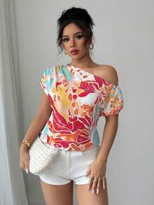 Elenzga Áo kiểu nữ dáng rộng, chất liệu vải in nhiều màu, vai chun, xếp ly, cổ xéo, thanh lịch và tinh tế, thích hợp cho Ngày Valentine, Lễ Phục Sinh, Ngày động, Sinh nhật, Hẹn hò, Tiệc tùng, Du lịch, Xuân/Hè. - Nhiều màu - Xem 3