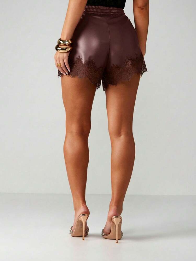 MISSGUIDED Women's Faux Leather Lace Trim High Waisted Floaty Shorts With Elastic Waistband For Spring Summer