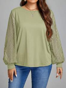SHEIN LUNE Plus Size Women Solid Color Round Neck Mesh Patchwork Casual Long Sleeve Top - Olive Green - View 5