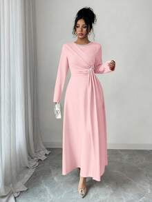 Rafferiza 优雅宴会圆领长袖收腰A字珍珠装饰雪纺薄纱连衣裙，秋冬款 - 藕粉色 - 查看 7