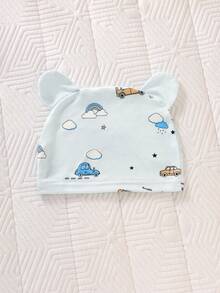 SHEIN 2件套新生儿男女通用卡通汽车印花长袖连体衣带帽子，适合日常穿着、生日派对、春、夏、秋、冬四季拍照。男婴新生儿配件，新生儿男女通用服装，早产儿服装，男婴新生儿套装，新生儿婴儿套装，男婴服装。 - 藍色 - 查看 4