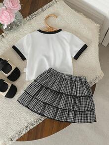 2pcs Baby/Baby GirlCute Rabbit Print T-Shirt Top With Bow Decor And Vintage Plaid Cake Skirt Set - Black - View 2