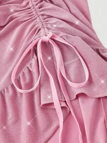 SHEIN MOD Plus-Size Women's Spring/Summer Pink Shimmering Fabric Maxi Dress, Autumn Wedding Guest Dress, Homecoming Dress, Brunch Wear, Renaissance Market Dress, Dress, Dress, Bridgeton Style Dress, New Year's/Valentine's Day Dress.Spring/Summer Holiday Party Outfits & New Year Outfits Pink Dress Prom Dress Pink Party Dress Elegant Dress High Low Dress - Pink - View 3