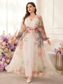 Modelyn 大码女式优雅印花收腰长袖连衣裙，简约时尚 - 彩色 - 查看 3