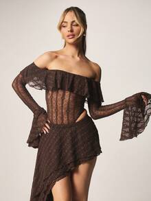 MISSGUIDED Off Shoulder Lace Bodysuit With Bell Sleeves And Ruffle Bardot Neckline For Evening Night Special Occasions Elegant Party Wear - Coffee Brown - View 1