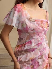 ZEYLAH Floral Print Asymmetric Ruffle Hem Dress - Multicolor - View 2
