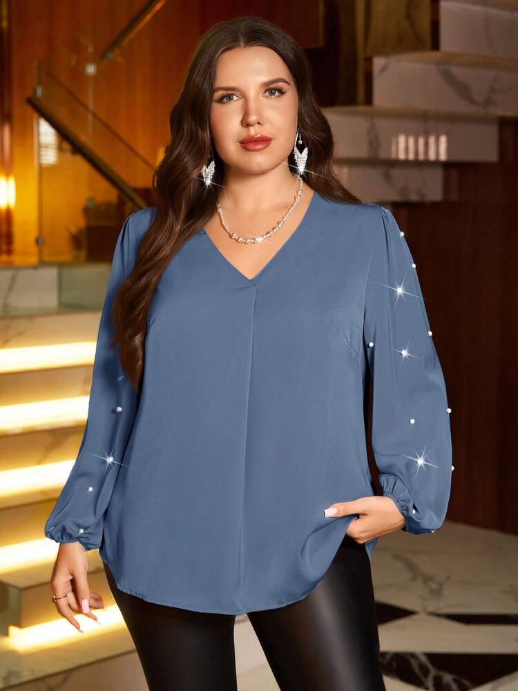 Plus Size Elegant V-Neck Beaded Decoration Blouse Plus Size Blue Blouse Blue Blouse For Women Plus Size Tops/Summer/Spring/Vacation