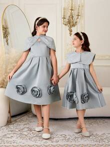年轻女孩优雅派对礼服，饰有3D立体花朵图案 - 綠色 - 查看 7