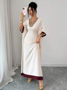 Yasmyna 宽松版型端庄撞色阿巴雅长袍，春夏款 - 杏色 - 查看 6