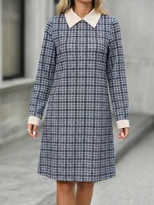 EMERY ROSE 女士翻领长袖直筒宽松格子迷你连衣裙 - 藍色 - 查看 4
