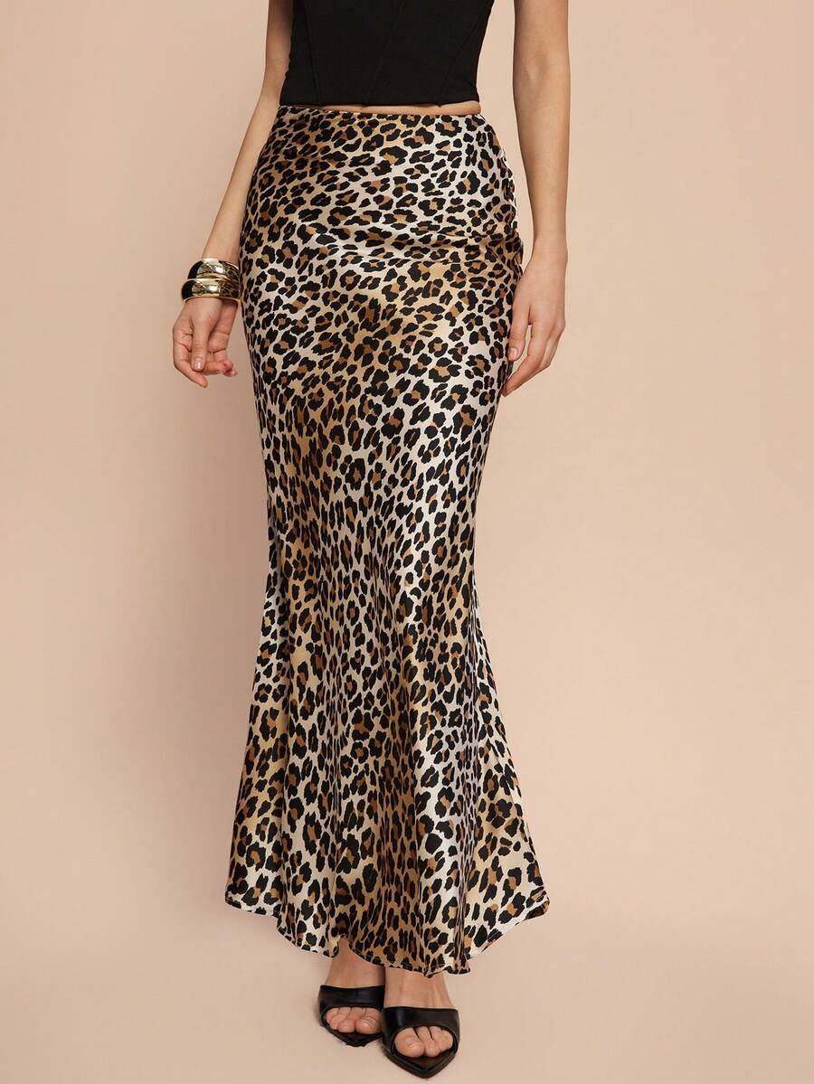 Leighera Women's Leopard Print Long Elegant Mermaid Skirt - Coffee Brown - View 1