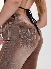 Selenza 女士Y2K高腰几何刺绣铆钉细节喇叭裤，带4个口袋 - 咖啡棕 - 查看 7