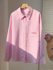 Comfortcana 女款粉白條紋刺繡寬鬆長袖襯衫，休閒開學季秋季校園上衣，優雅Y2K通勤度假上衣 - 粉色 - 查看 5