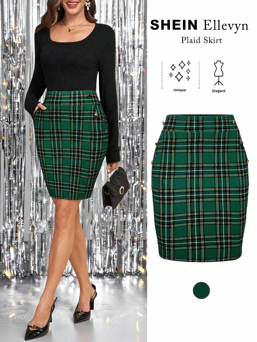 SHEIN Ellevyn Women's Elastic Knit Plaid Print Bodycon Skirt, Elegant For Daily Wear And Holidays - Green - View 1