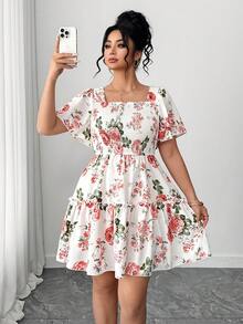 SHEIN PETITE CURVE Plus Size Floral Print Ruffle Sleeve Short Swing Dress Floral Dress Women Elegant Short Sleeve Summer Dress - White - View 5