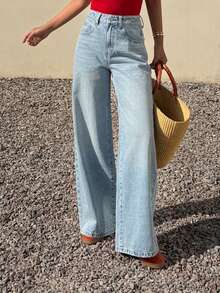 DAZY Women's Regular Waist Loose Slant Pocket Casual Straight Leg Pants - Light Wash - View 2