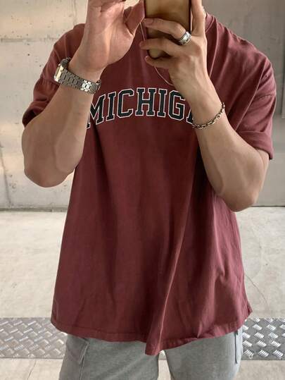 DAZY Men's Red Letter Print Crew Neck T-Shirt, Summer