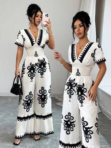 Elenzga 女士褶皱印花连体裤，时尚百搭，适合日常穿着 - 彩色 - 查看 3