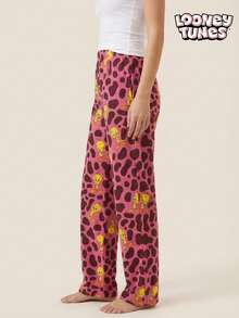 LOONEY TUNES X Joivida 1pc Women's Flannel Pajama Bottoms (Reversible Style), Featuring The Cute Tweety Pattern And Leopard Print Design, Lightweight, Soft, Warm And Machine Washable. - Multicolor - View 5