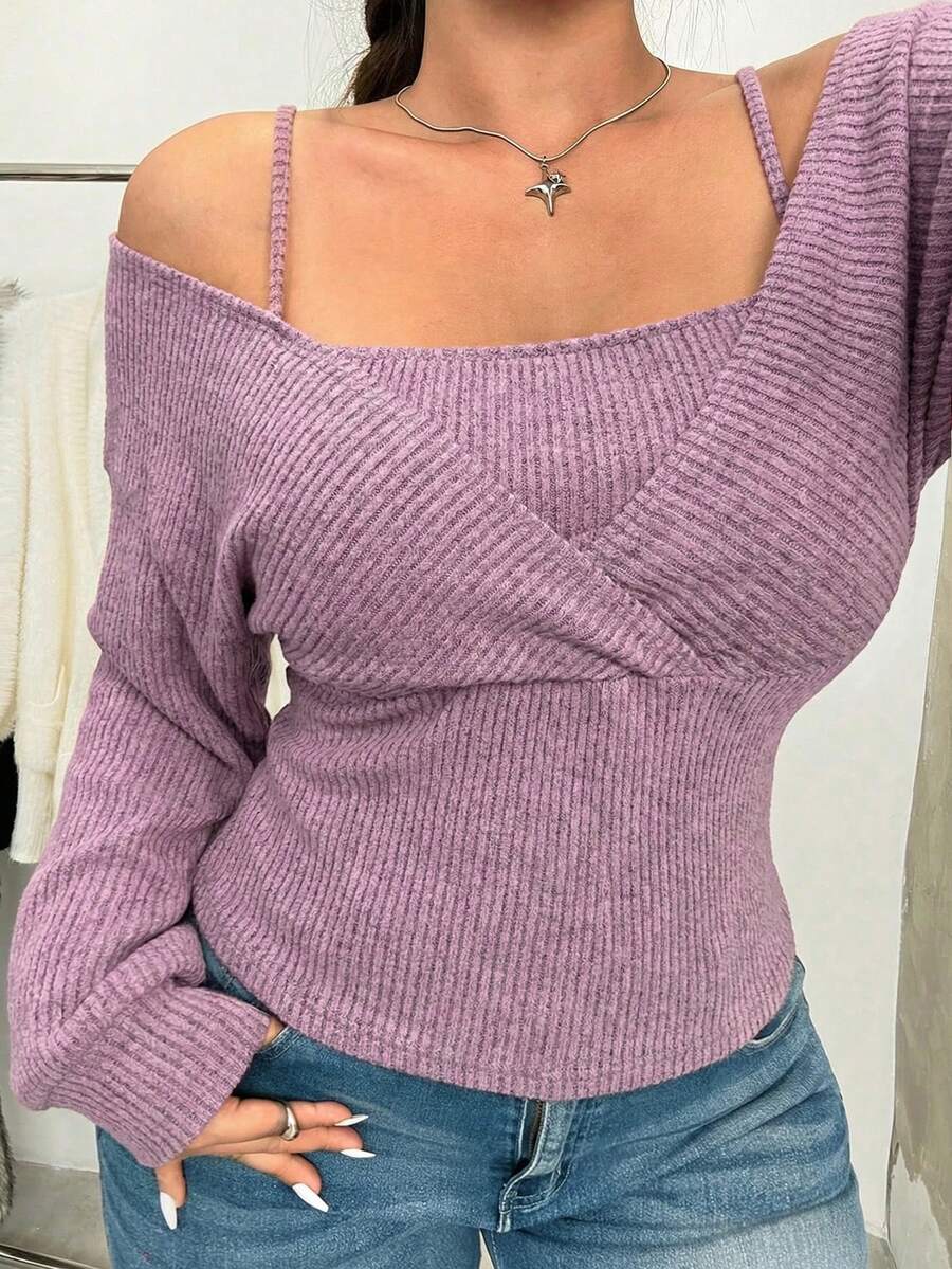 SHEIN EZwear 大码女式针织保暖舒适露肩T恤,浅粉色 - 藕粉色 - 查看 1