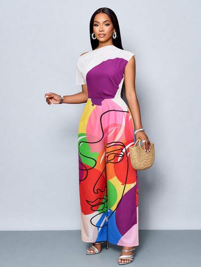 SOLERSUN Sexy, Elegant, And Casual One-Shoulder Jumpsuit With Pop Art Floral Print, Featuring A Cinched Waist, Perfect For Beach Vacations, Dates, And A Sophisticated "Old Money" Style. Spring/Summer Women's Fashion.