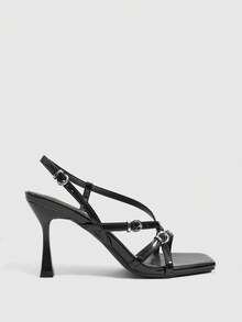 CUCCOO SZL New Square Toe Thin Heel Sandals Women, Patent Leather Criss-Cross Stilettos Metal Buckle Open Toe High Heels Valentine's Day - Black - View 2