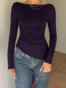 Siren Gaze Women's Lace Patchwork Back Bowknot Slim Fit Long Sleeve Top - Purple - View 7