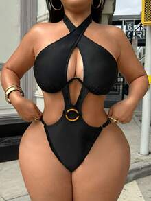 Swim SXY 2026夏季女士沙滩比基尼，时尚连体泳衣，交叉挂脖设计，带钢圈，柔软腰部，镂空剪裁，性感迷人，圆形环饰，适合派对和度假穿着 - 黑色 - 查看 4