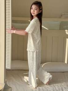 DAZY Tween Girl Floral Print Button Front Short Sleeve Top And Pants Pajama Set - Beige - View 2