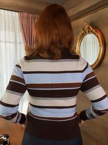 Gretanique Striped Collared Button-Up Cardigan In Brown, Light Blue And Cream With A Fitted Ribbed Hem And Long Sleeves - A Chic, Figure-Skimming Layering Piece For Fall, Perfect Over Blouses, Tees Or Dresses For Casual Autumn Outfits, Going-Out Looks, Party Outfits, Graduation Guest Wear, Prom-Ready Or Smart-Casual Events. - Brown - View 2