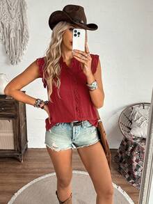 Women's Western Casual Red Crinkle Fabric Ruffle V-Neck Gathered Shoulder Blouse, LanaWest - Red - View 6