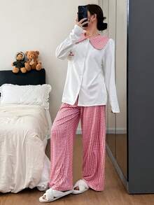 DAZY 2pcs Women Cartoon Cat Plaid Patchwork Peter Pan Collar Cardigan Long Sleeve Top And Loose Pants Pajama Set - White - View 3
