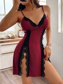 Women's Lace Trim Side Slit Sexy Camisole Nightgown - Burgundy - View 5