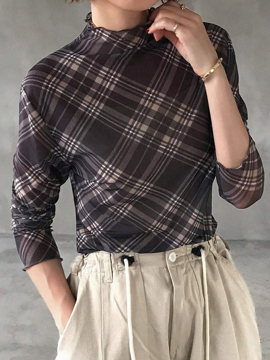 FRIFUL Women's Layered Sheer Plaid Mesh Splice Trim Cuff Fitted Blouse, Slim Fit Spring Outfit - Coffee Brown - View 1