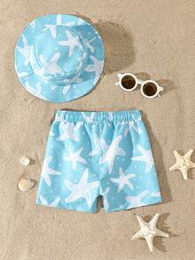 2件套幼儿男童椰子树印花度假风泳裤和帽子 - 彩色 - 查看 2