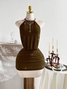 Elamini Đầm ngắn gợi cảm hở lưng, cổ yếm, lấp lánh ánh kim, thích hợp cho tiệc tùng. - màu nâu - Xem 5