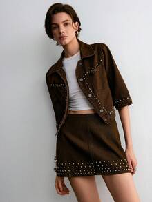 ATUI Studio Women's Casual Fashion Street Rivet Decor Denim Jacket And Mini Skirt Set, Summer - Brown - View 5