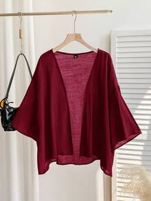 SHEIN EZwear Summer Short Thin Lightweight Textured Plus Size Short Jacket In Fall/Winter Women's Cardigan Summer Cardigan - Burgundy - View 6