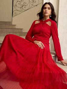 ZEYLAH Cut-Out Long Sleeve Mesh Patchwork Pleated Dress - Red - View 6