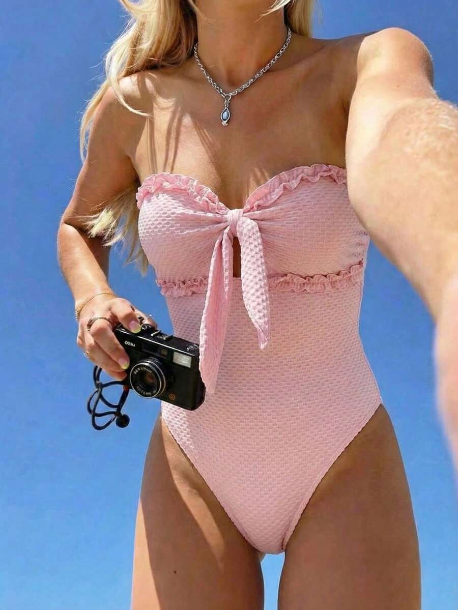 Swim Mod New One-Piece Swimsuit, Sexy & Cute Bandeau Bikini, Textured Fabric With Ruffle Trim, Beach Vacation Style - Pink - View 1