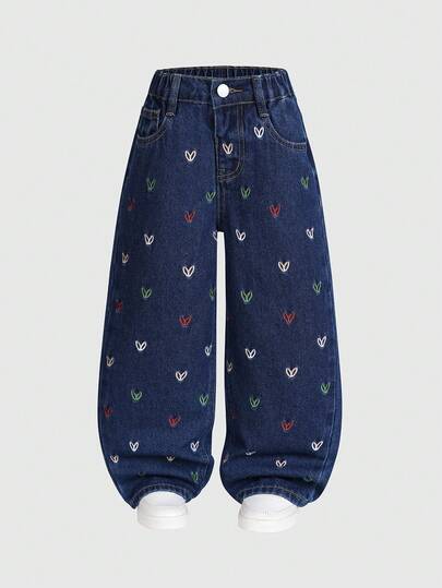 SHEIN 少女款可调节腰围复古街头风宽松舒适休闲豹纹阔腿牛仔裤