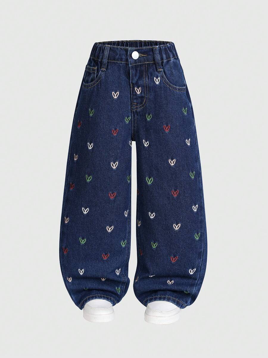 SHEIN 少女款可调节腰围复古街头风宽松舒适休闲豹纹阔腿牛仔裤 - 藏蓝色 - 查看 1