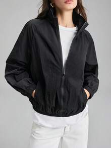 Ontre 都市极简风格，极其舒适，黑色，高领，宽松版型，长袖，前拉链，女士外套，冬季服装，返校季，商务休闲，通勤装，2026春夏新品 - 黑色 - 查看 2