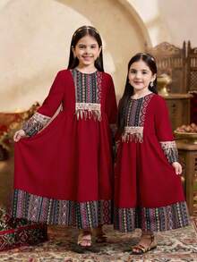 SHEIN 年轻女孩撞色编织圆领流苏休闲连衣裙 - 紅色 - 查看 9